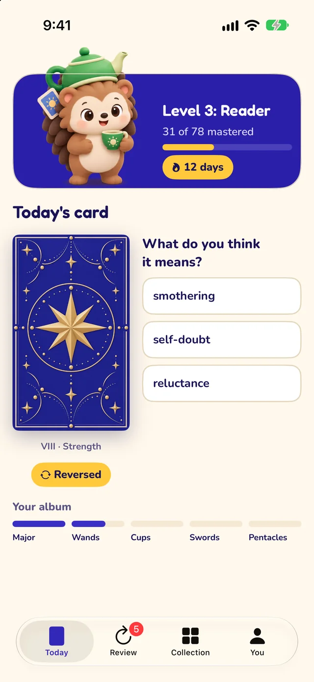 Tarokko Today screen with the daily card and Brix the hedgehog